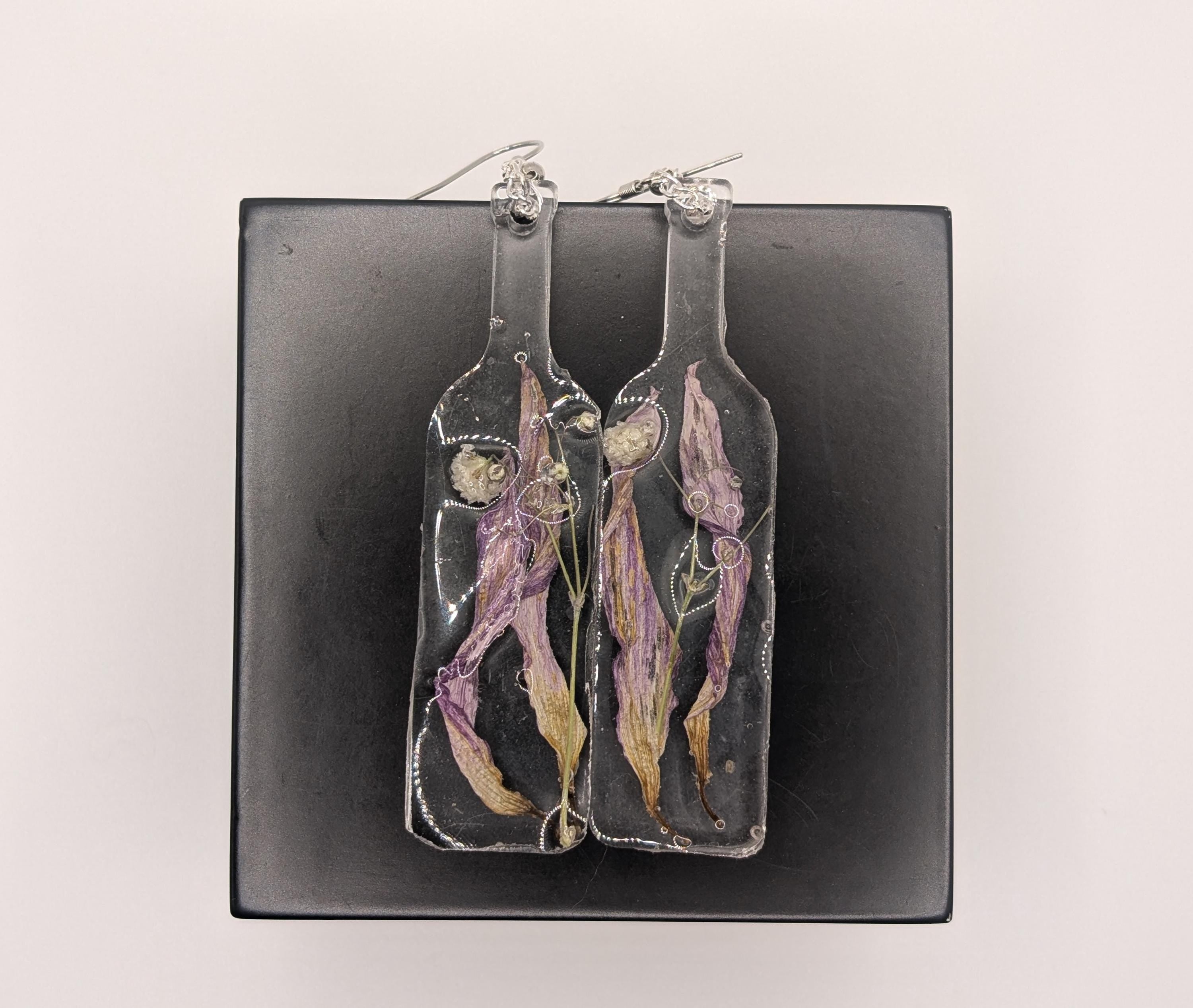 Purple Flower in a Bottle Earrings - Dried Flower Jewelry __etsy:6914908310