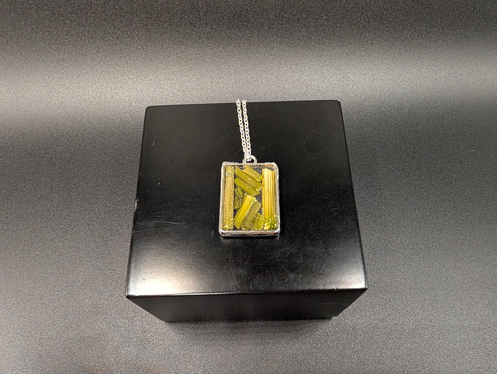 Plant Stem Botanical Light Green Necklace - Rectangular Pendant - Dried Flower Jewelry