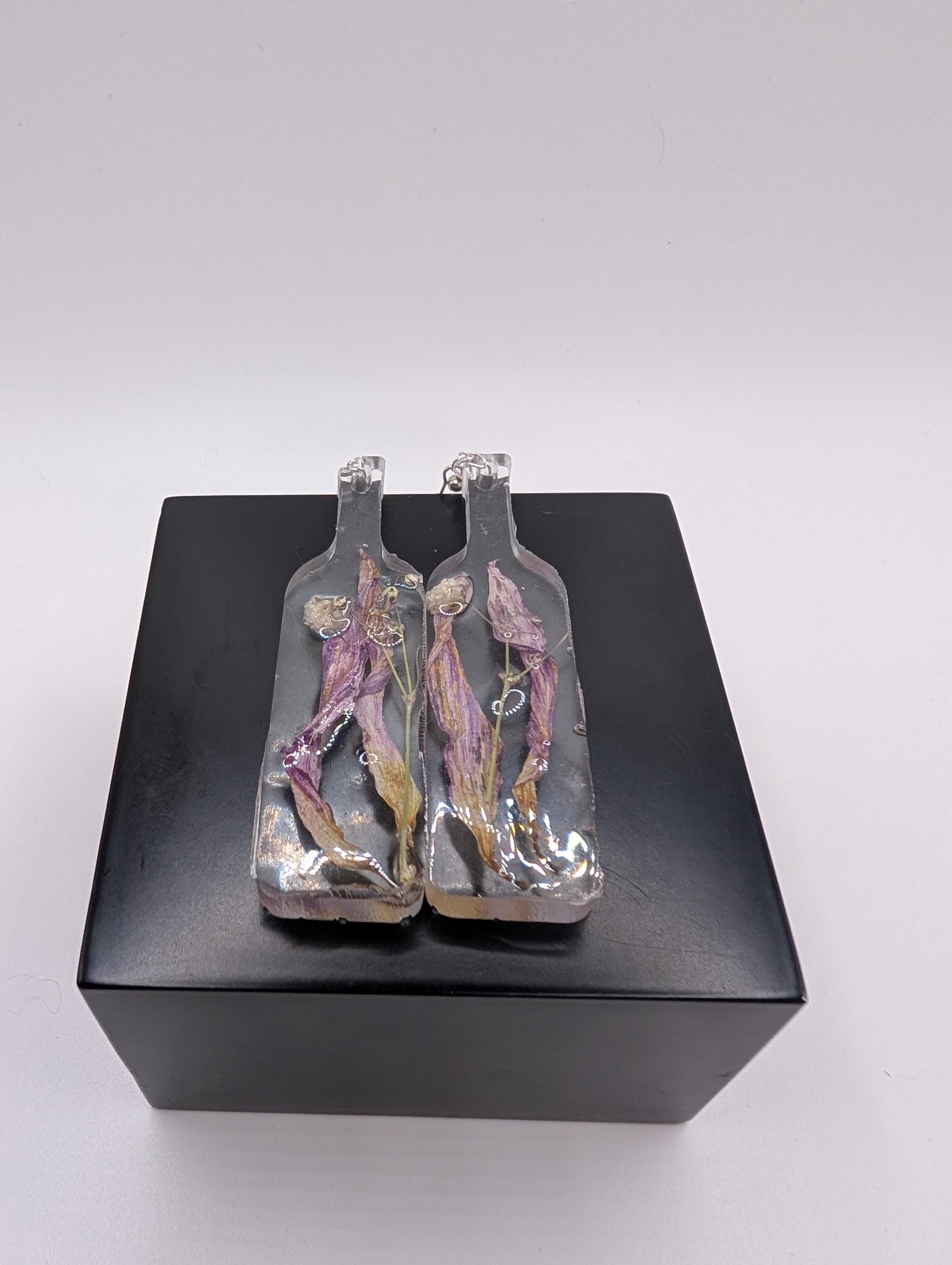 Purple Flower in a Bottle Earrings - Dried Flower Jewelry __etsy:6962880295