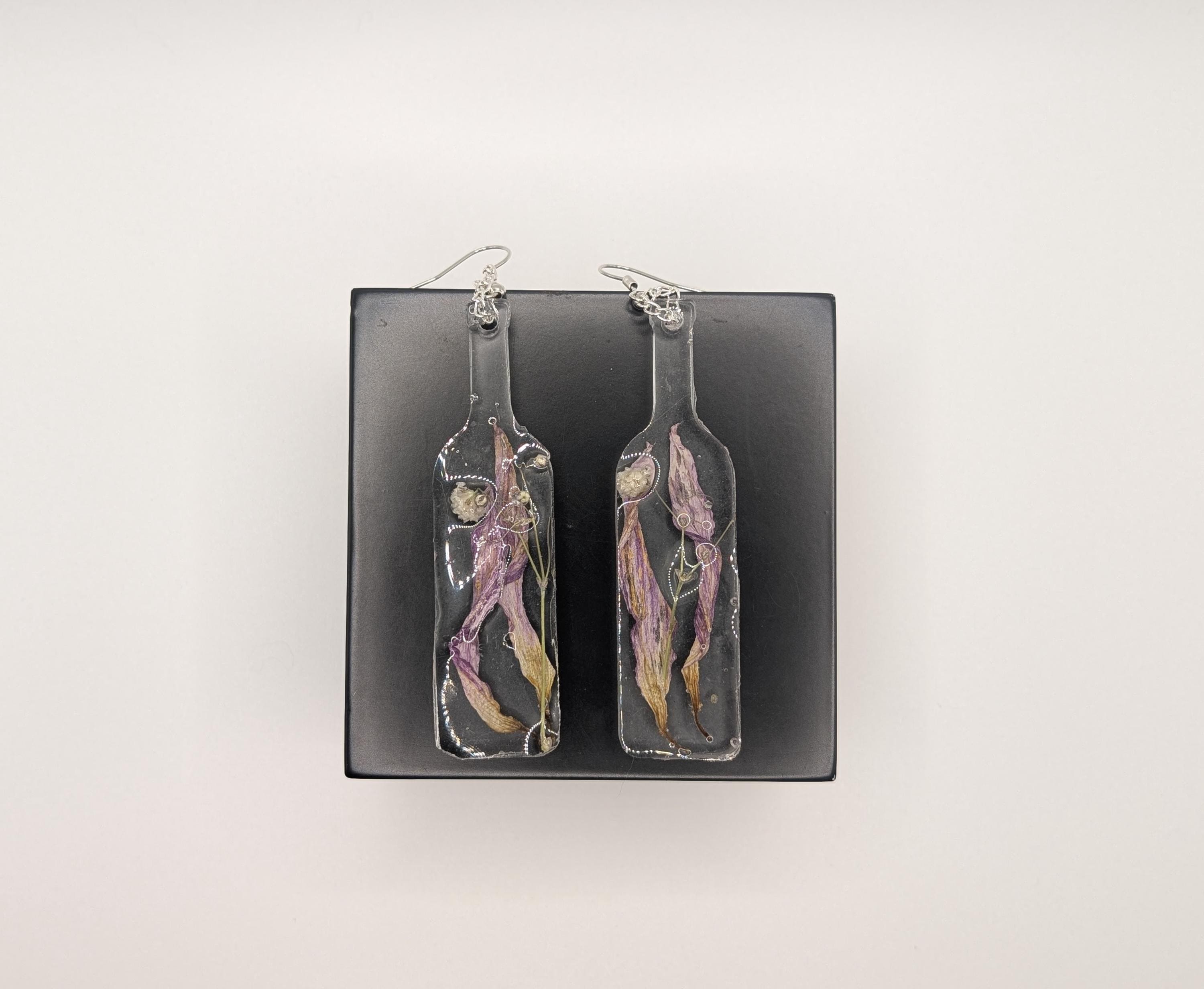 Purple Flower in a Bottle Earrings - Dried Flower Jewelry __etsy:6962930801