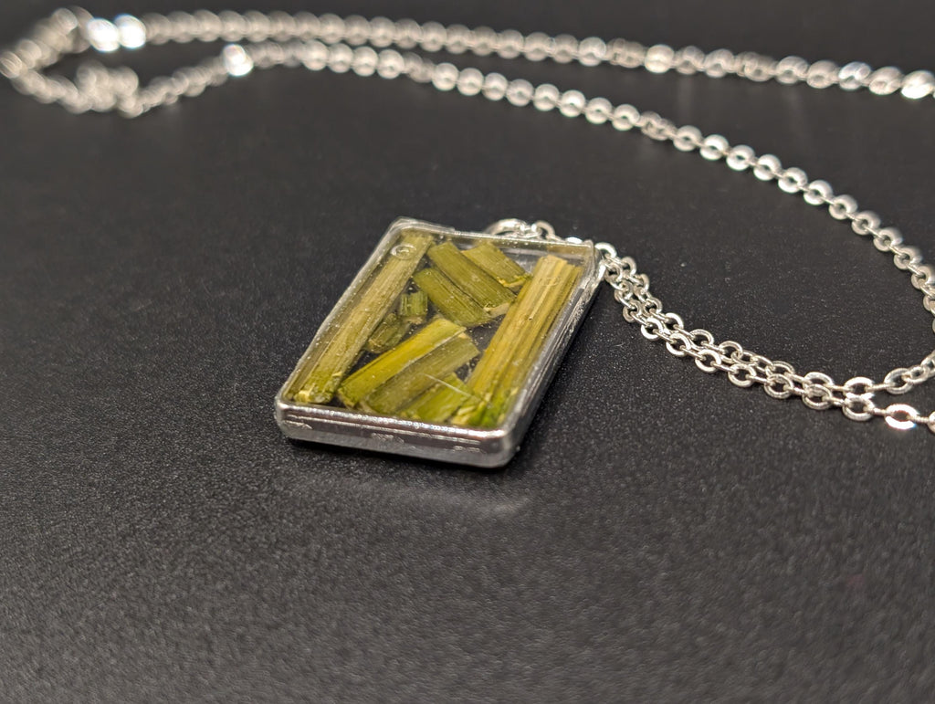 Plant Stem Botanical Light Green Necklace - Rectangular Pendant - Dried Flower Jewelry