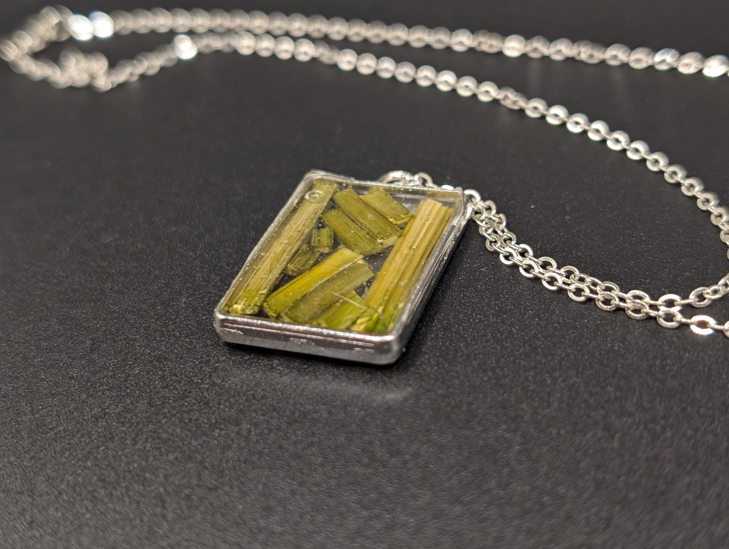 Plant Stem Botanical Light Green Necklace - Rectangular Pendant - Dried Flower Jewelry