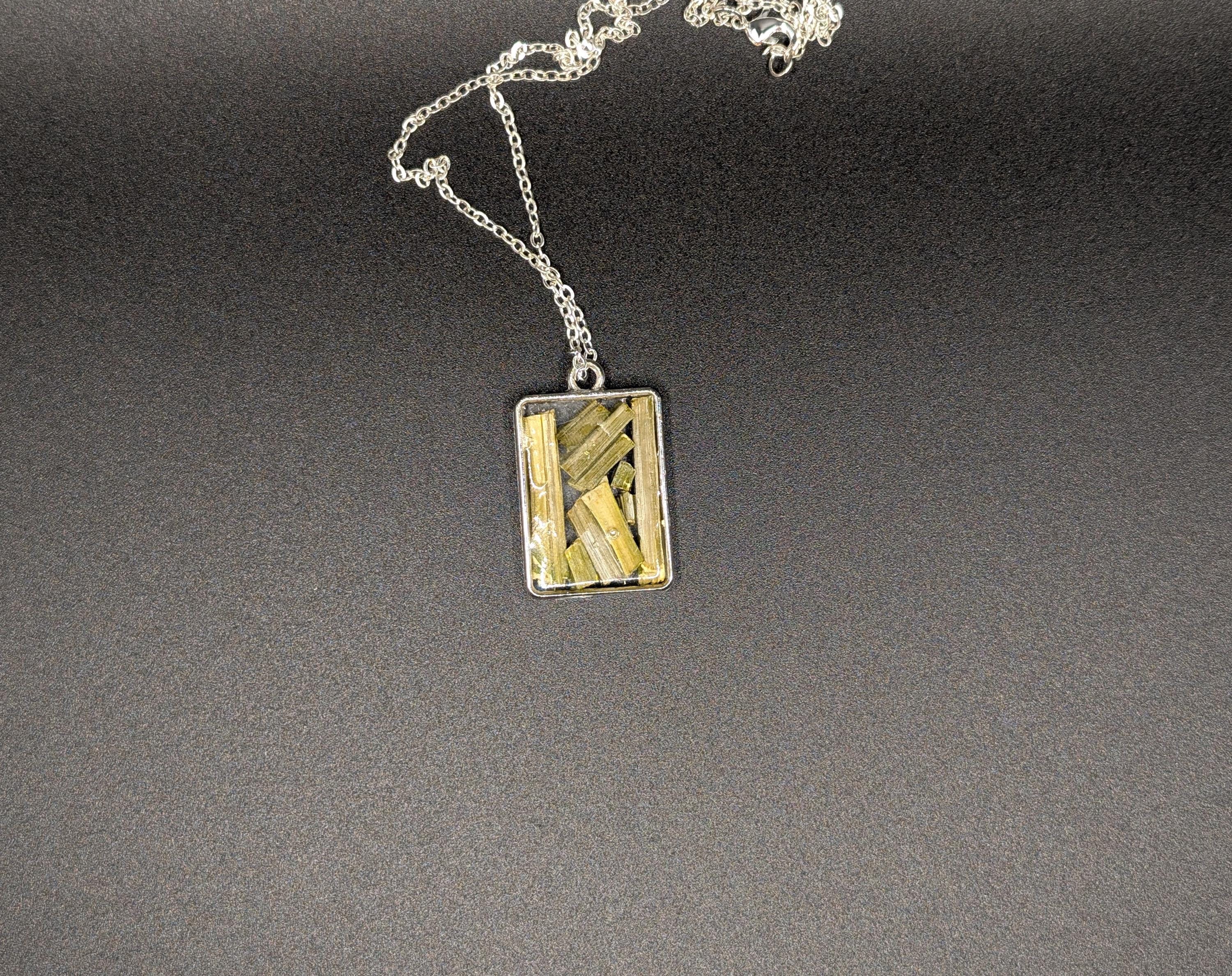 Plant Stem Botanical Light Green Necklace - Rectangular Pendant - Dried Flower Jewelry