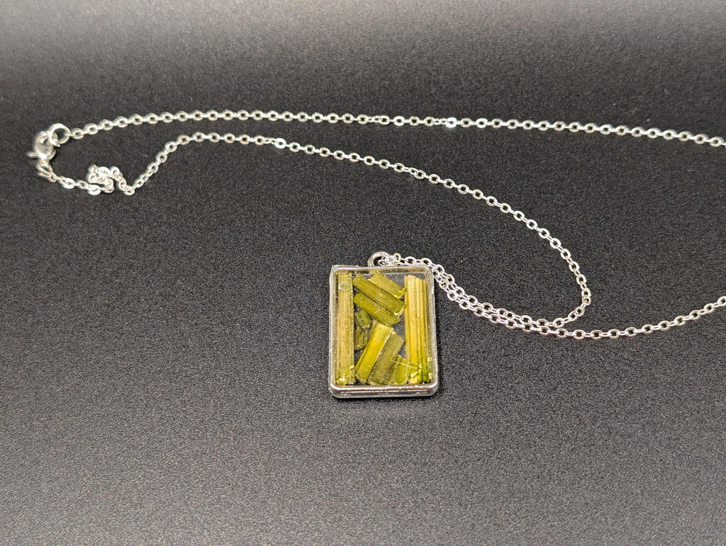 Plant Stem Botanical Light Green Necklace - Rectangular Pendant - Dried Flower Jewelry
