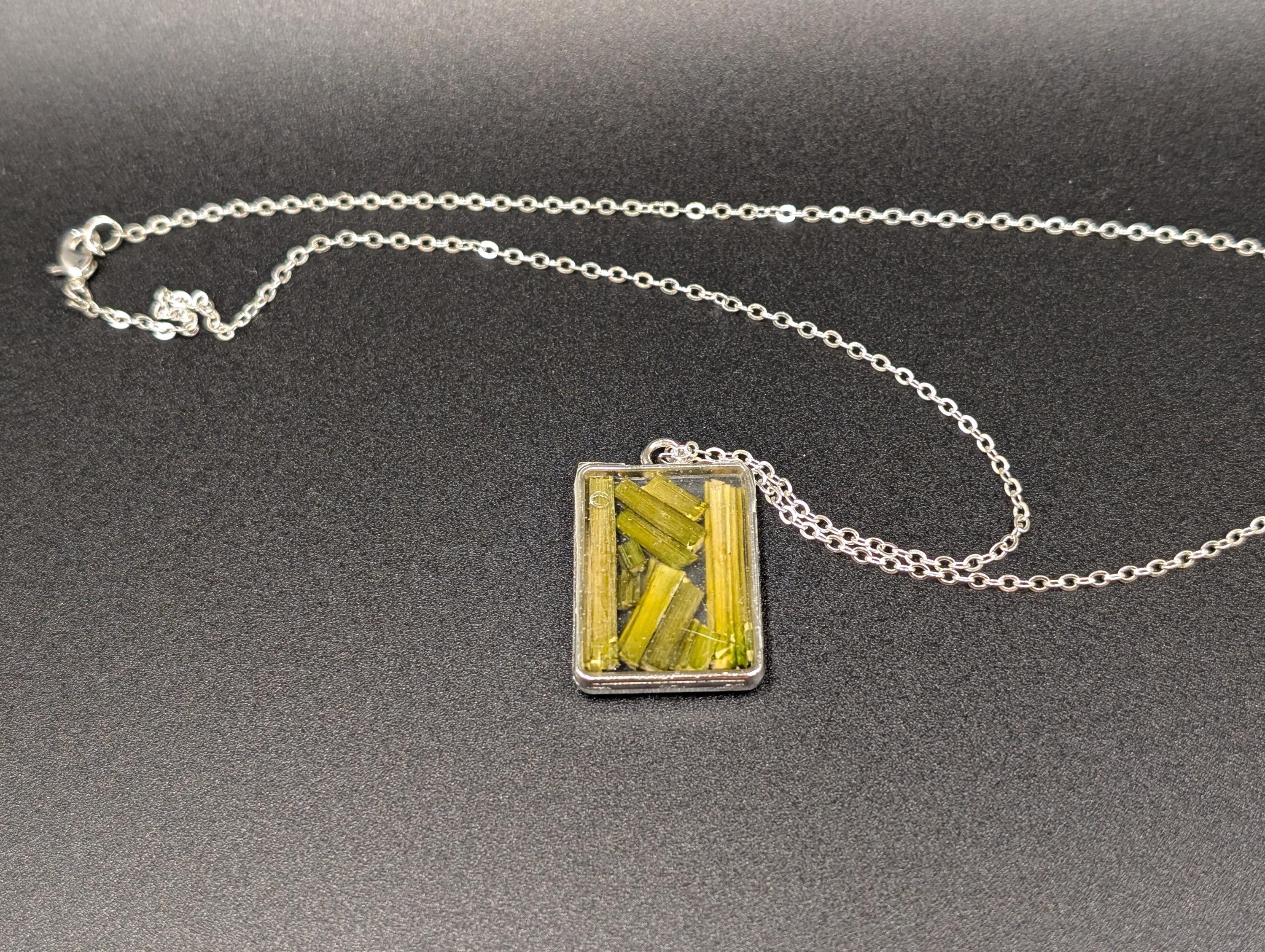 Plant Stem Botanical Light Green Necklace - Rectangular Pendant - Dried Flower Jewelry