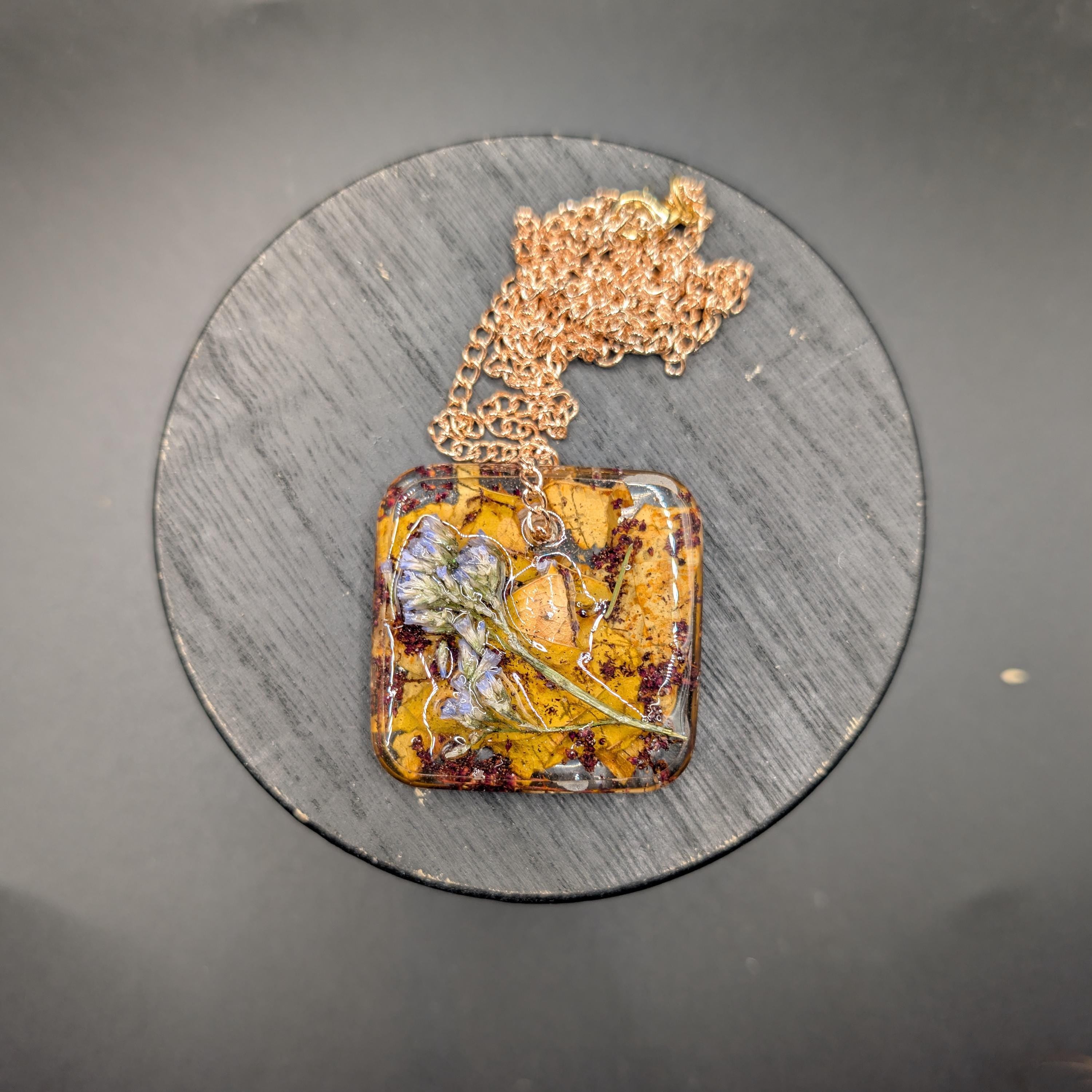 Dried Flower & Leaf Square Pendant - Resin Necklace __etsy:7739955560