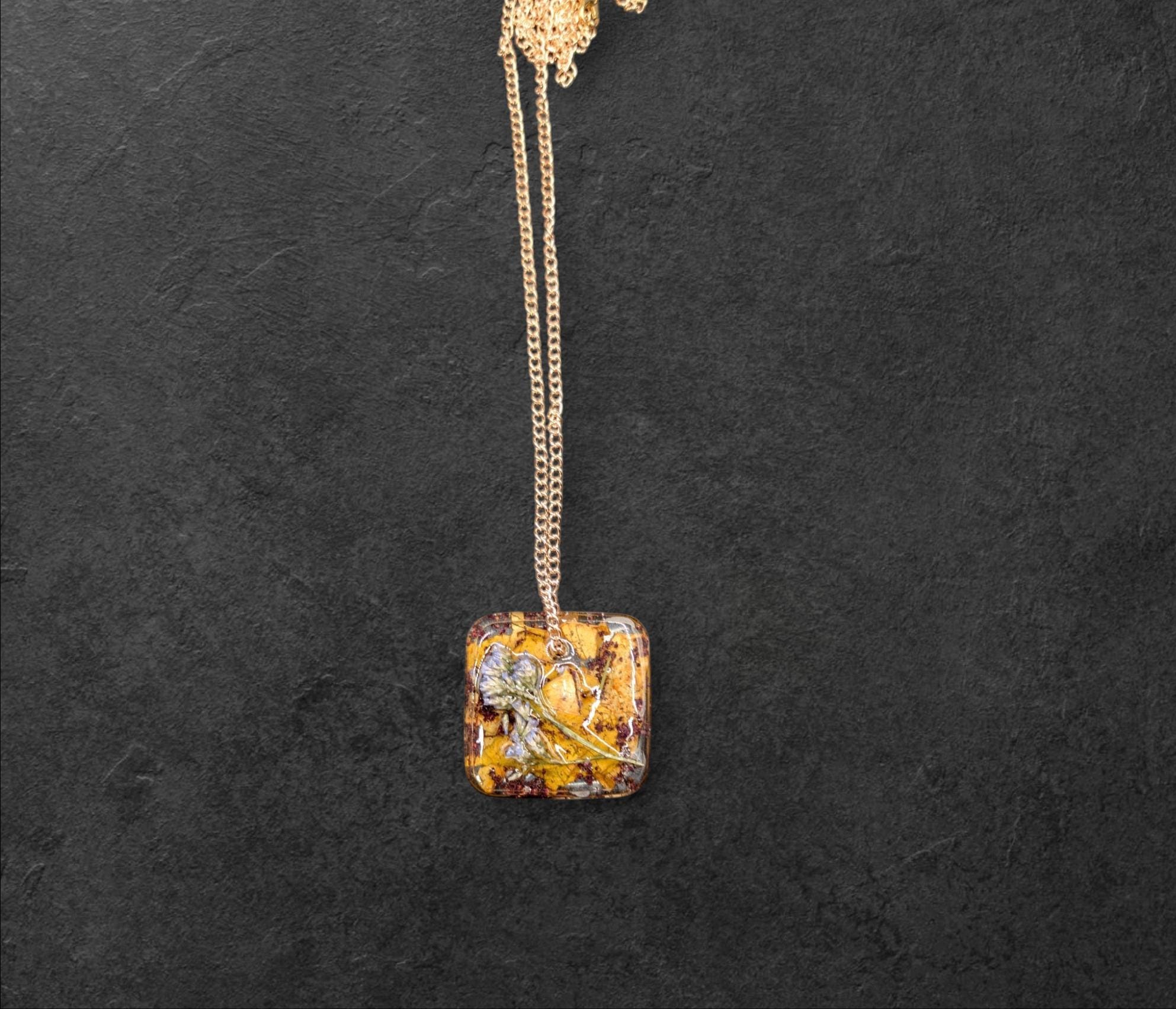 Dried Flower & Leaf Square Pendant - Resin Necklace __etsy:7740019480