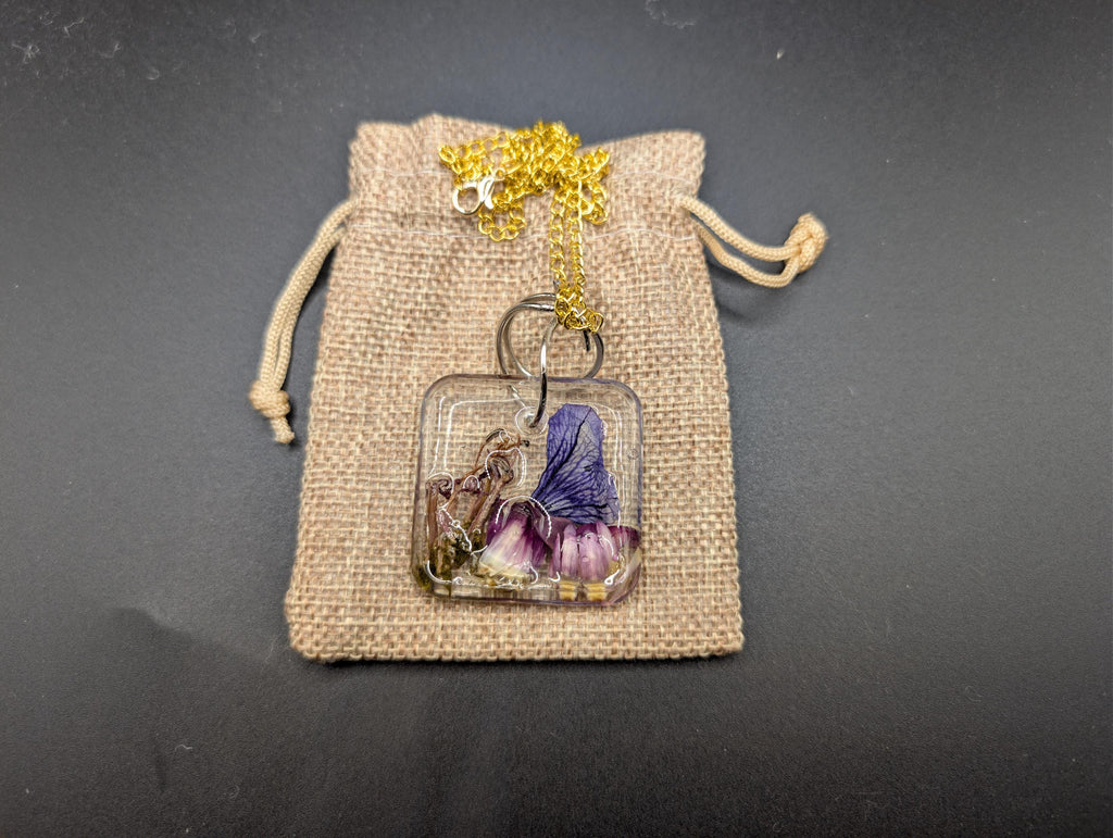 Square Pendant - Dried Flower Jewelry - Purple Resin Necklace