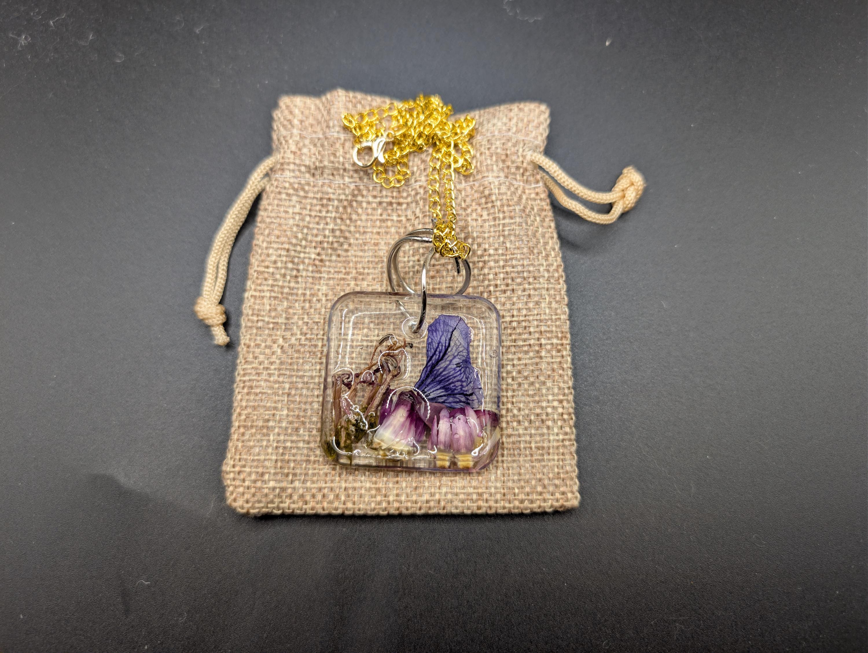 Square Pendant - Dried Flower Jewelry - Purple Resin Necklace