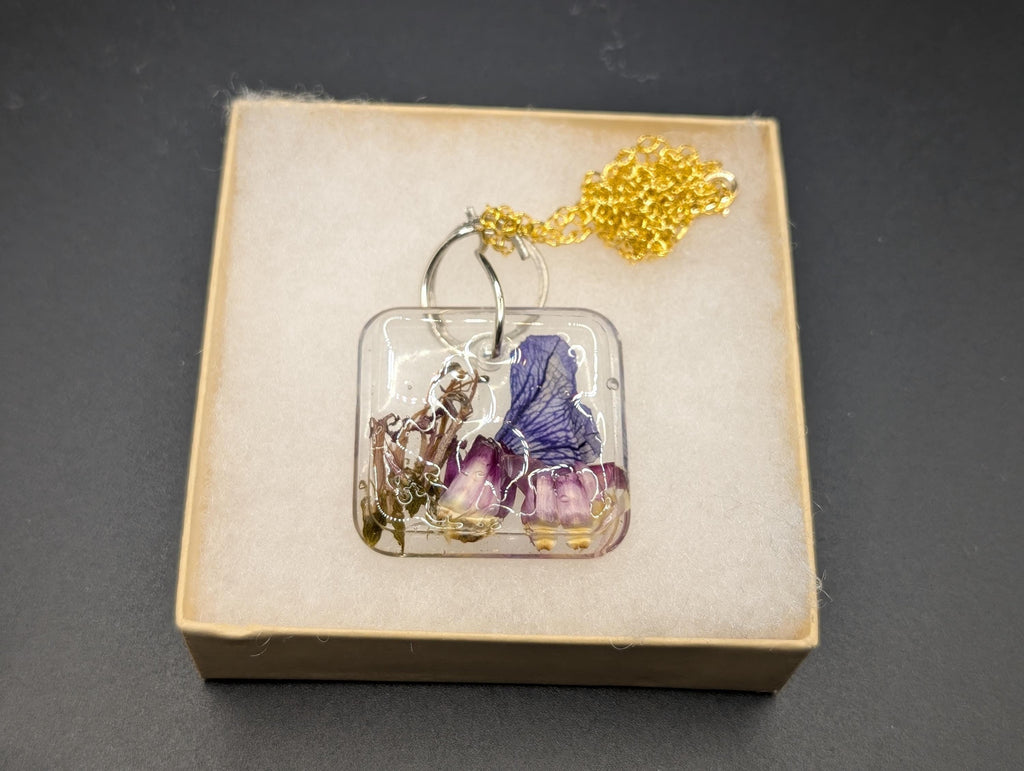 Square Pendant - Dried Flower Jewelry - Purple Resin Necklace