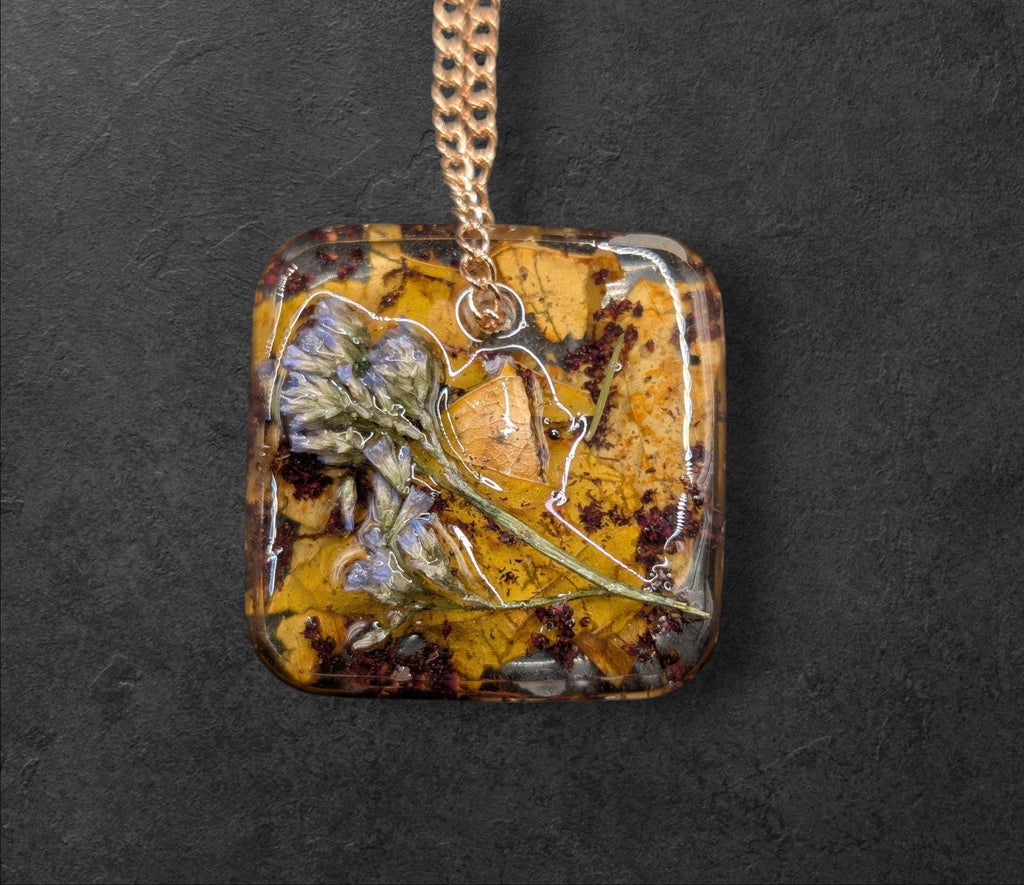 Dried Flower & Leaf Square Pendant - Resin Necklace __etsy:7787977839