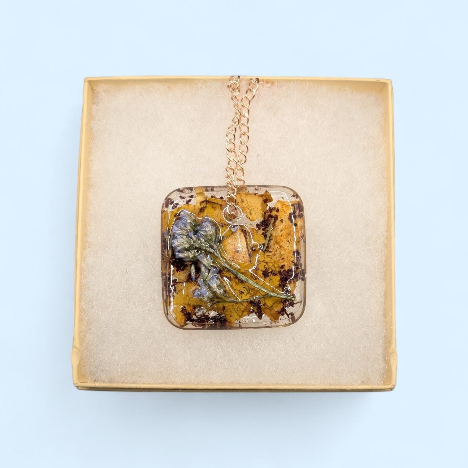Dried Flower & Leaf Square Pendant - Resin Necklace __etsy:7787988851