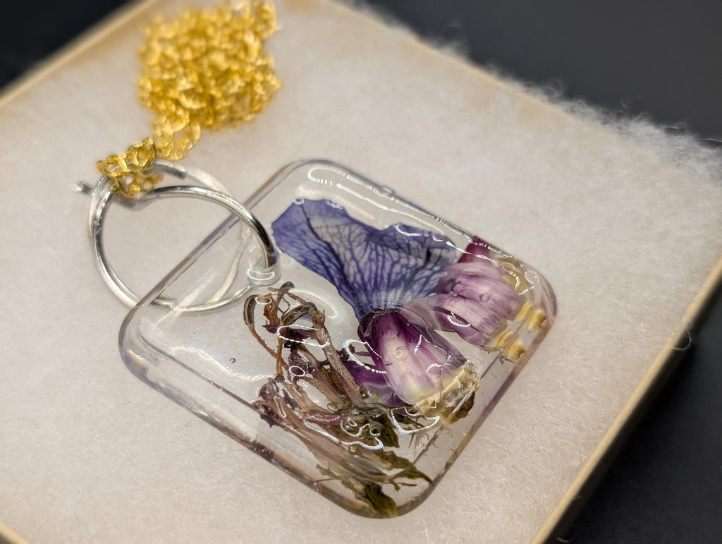 Square Pendant - Dried Flower Jewelry - Purple Resin Necklace