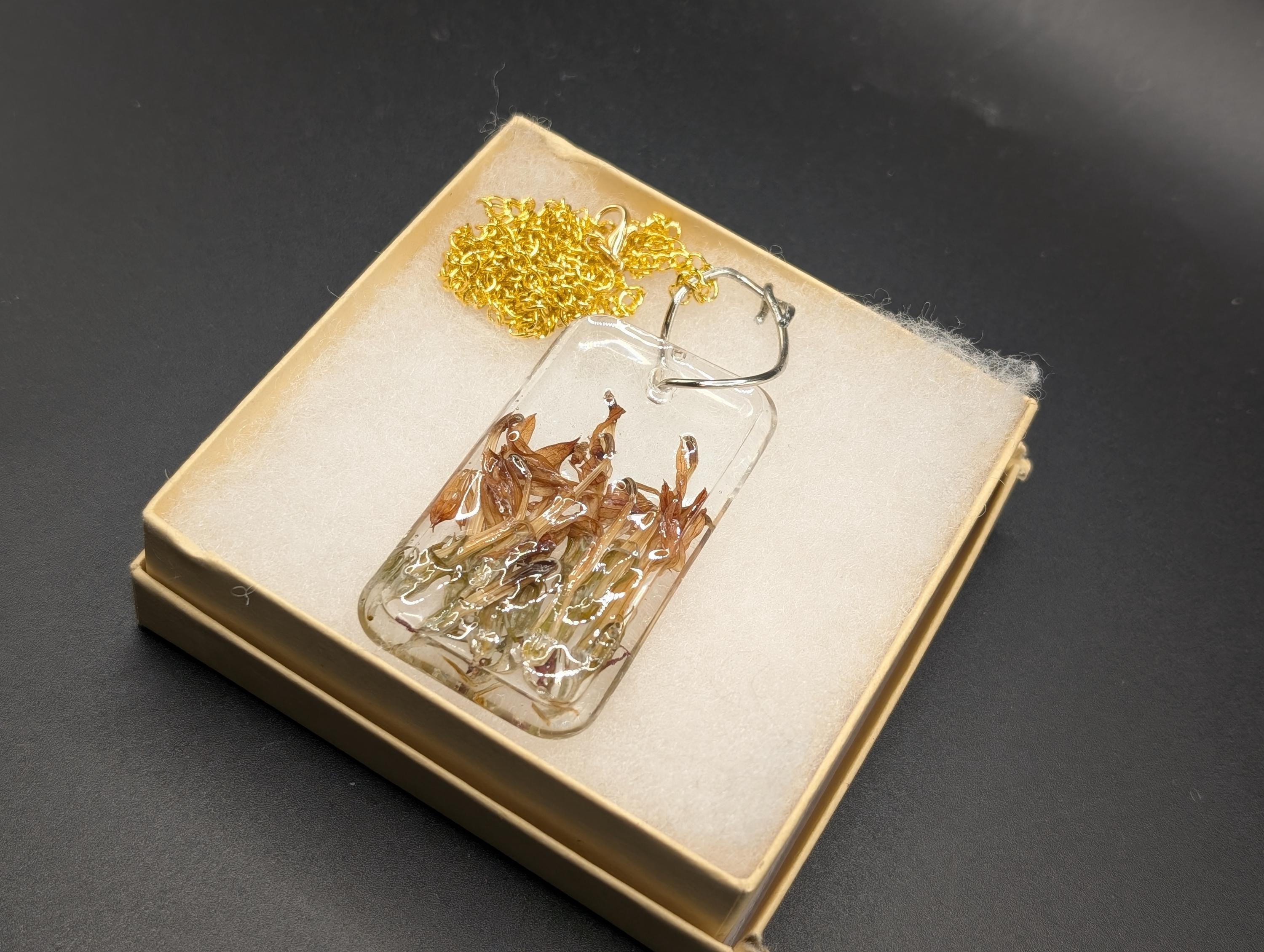 Earth Tone Rectangular Pendant - Long Necklace -  Dried Flower Jewelry __etsy:7812257723
