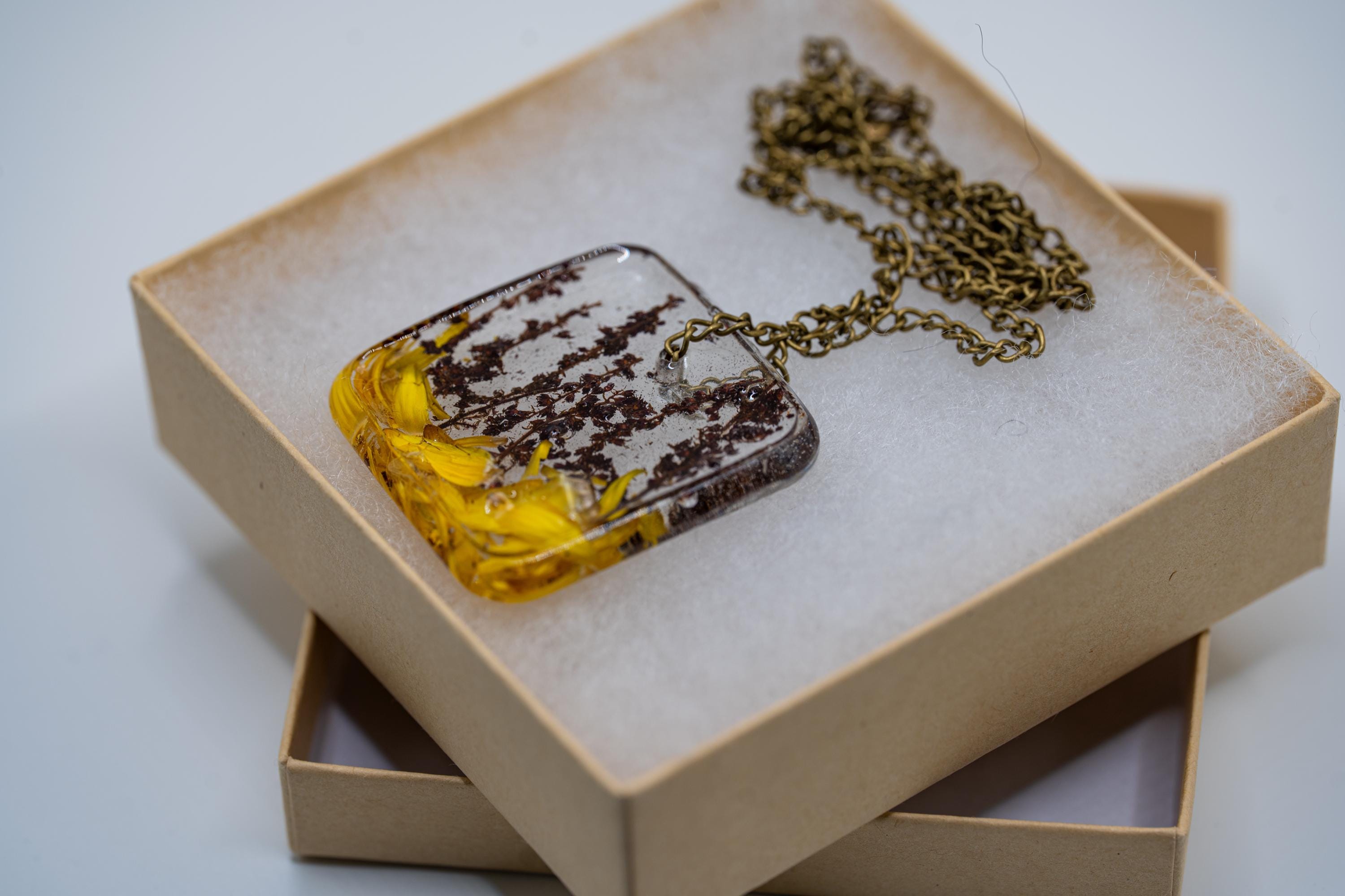 Dried Flower Resin Necklace - Square Pendant