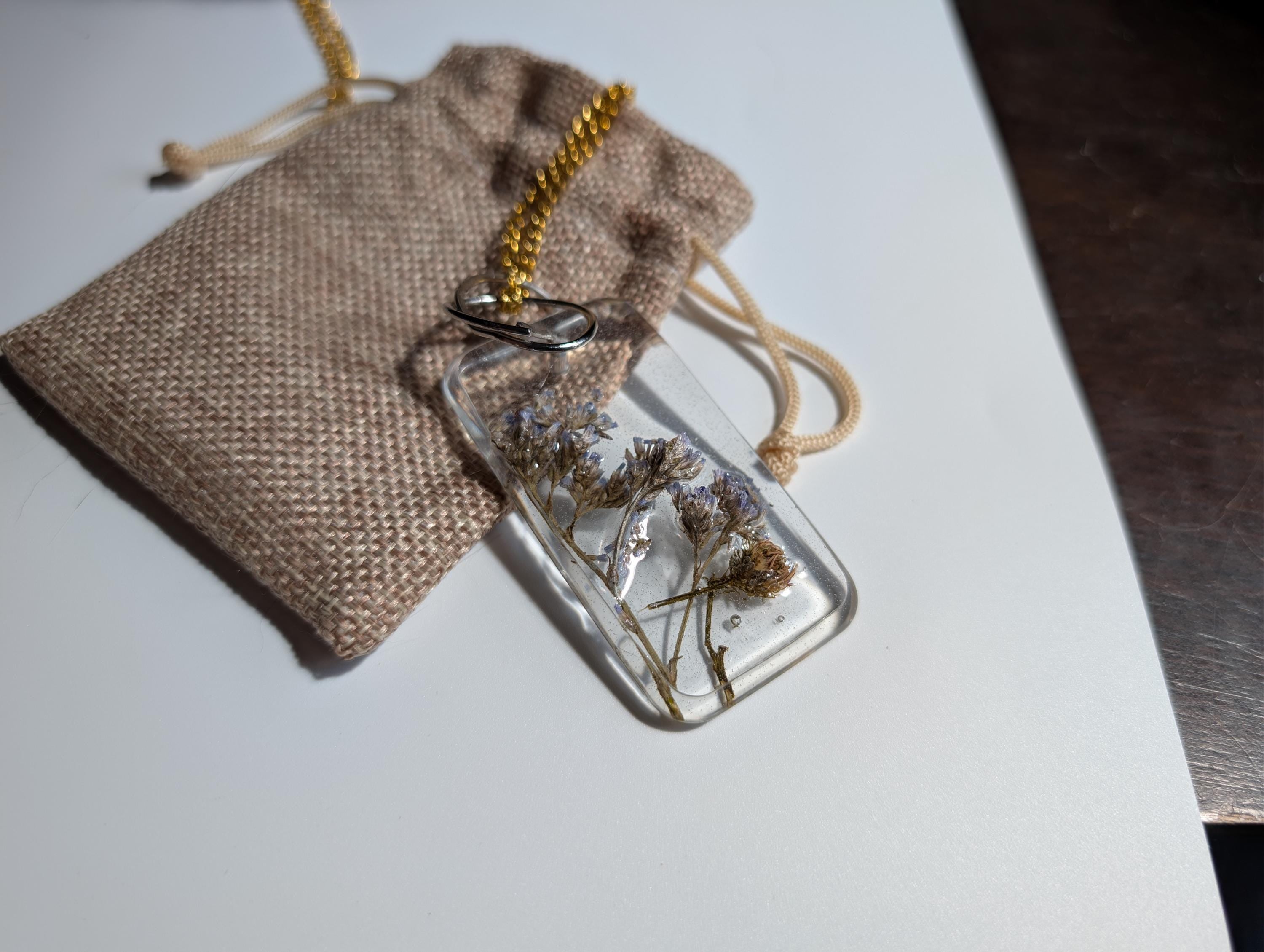 Real Flower Jewelry - Rectangular Pendant - Long Flower Necklace