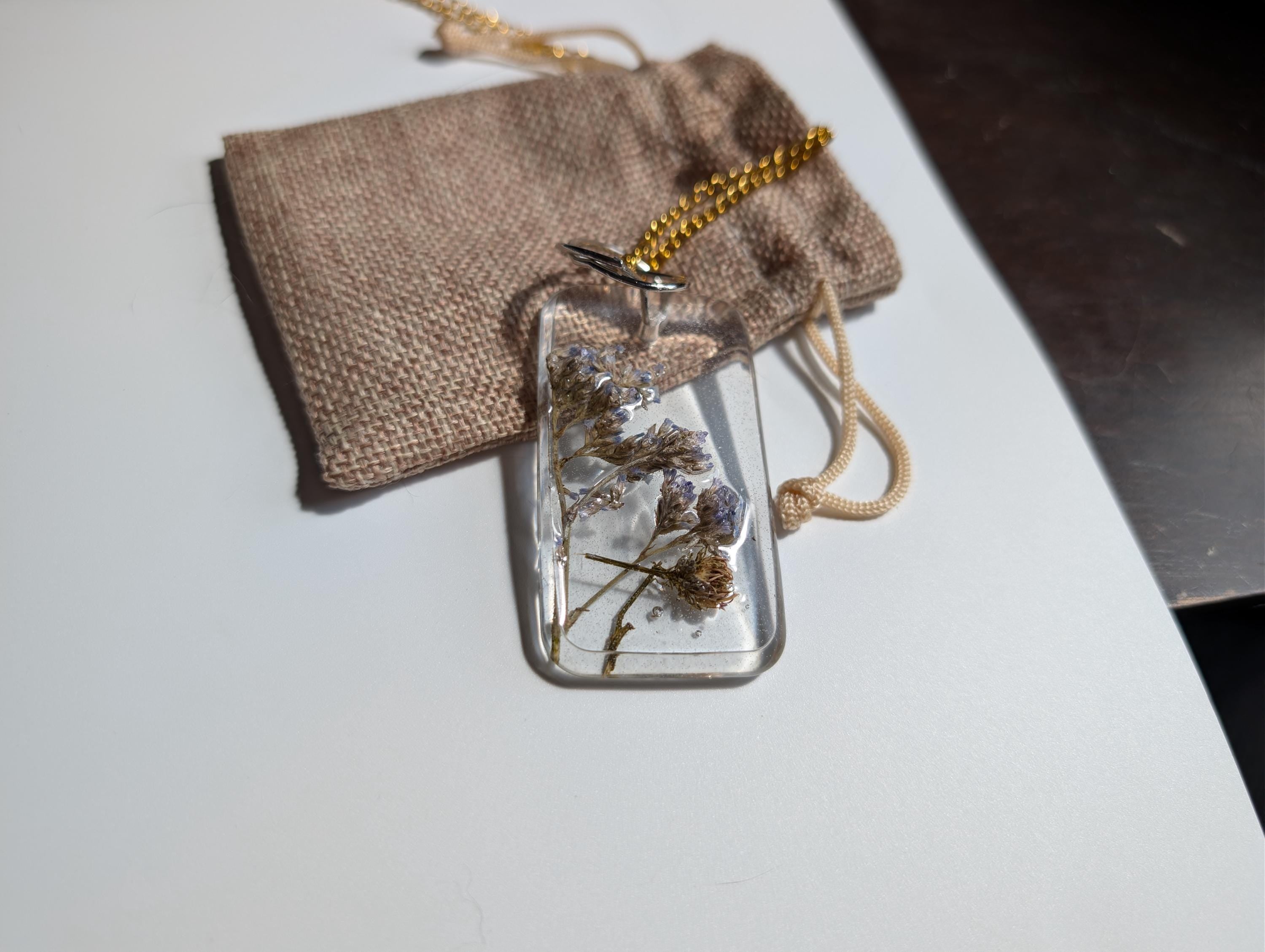 Real Flower Jewelry - Rectangular Pendant - Long Flower Necklace