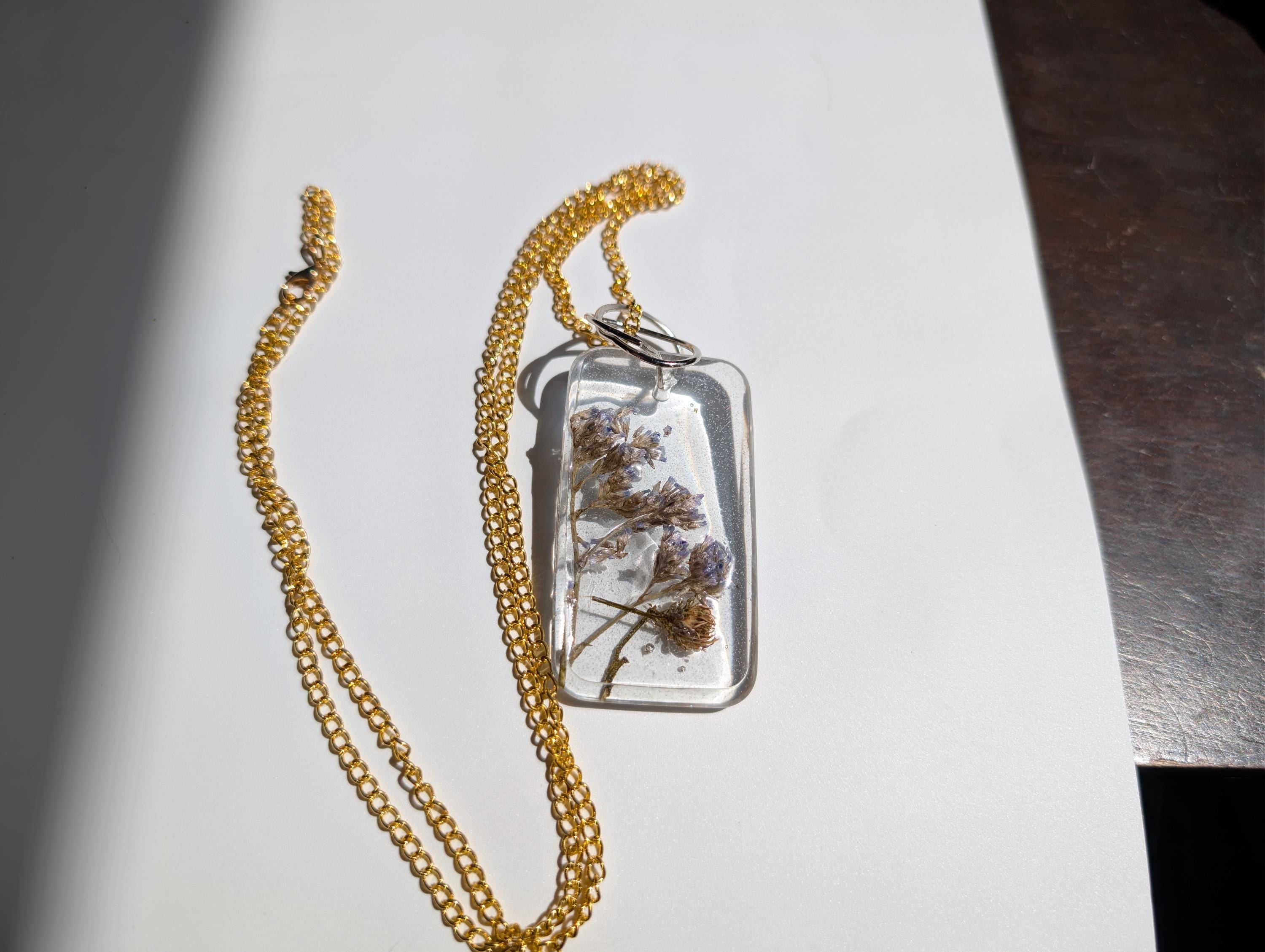 Real Flower Jewelry - Rectangular Pendant - Long Flower Necklace