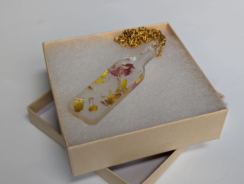 Floral Bottle Necklace - Yellow Resin Jewelry
