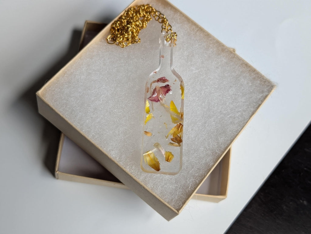 Floral Bottle Necklace - Yellow Resin Jewelry