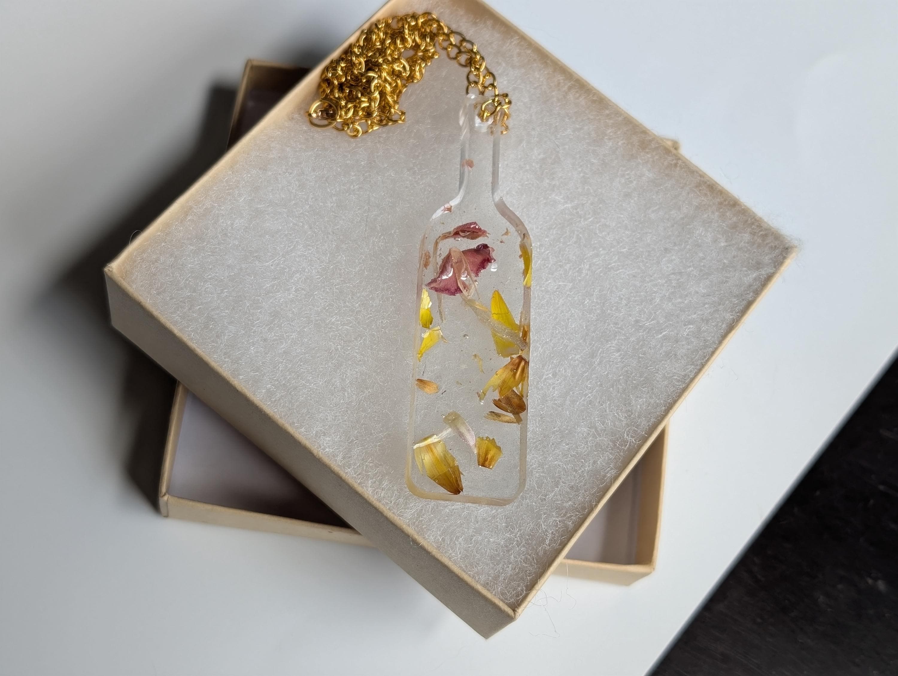 Floral Bottle Necklace - Yellow Resin Jewelry