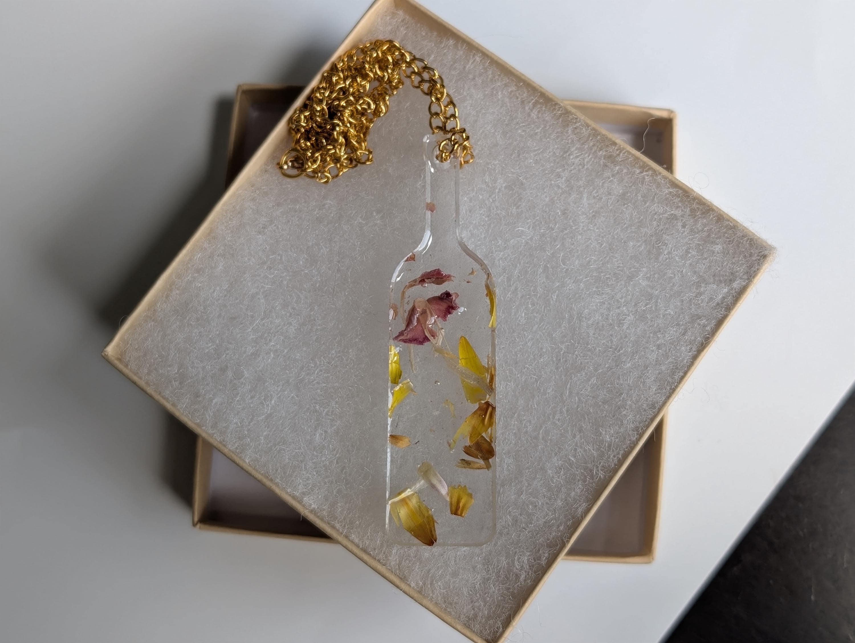 Floral Bottle Necklace - Yellow Resin Jewelry