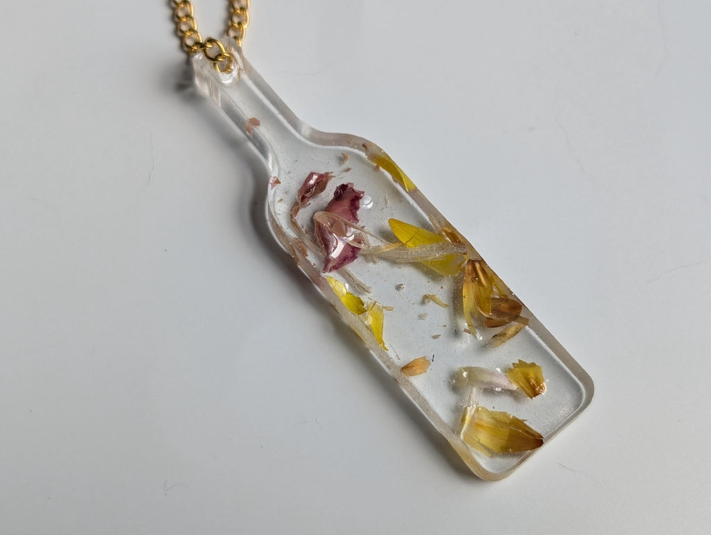 Floral Bottle Necklace - Yellow Resin Jewelry