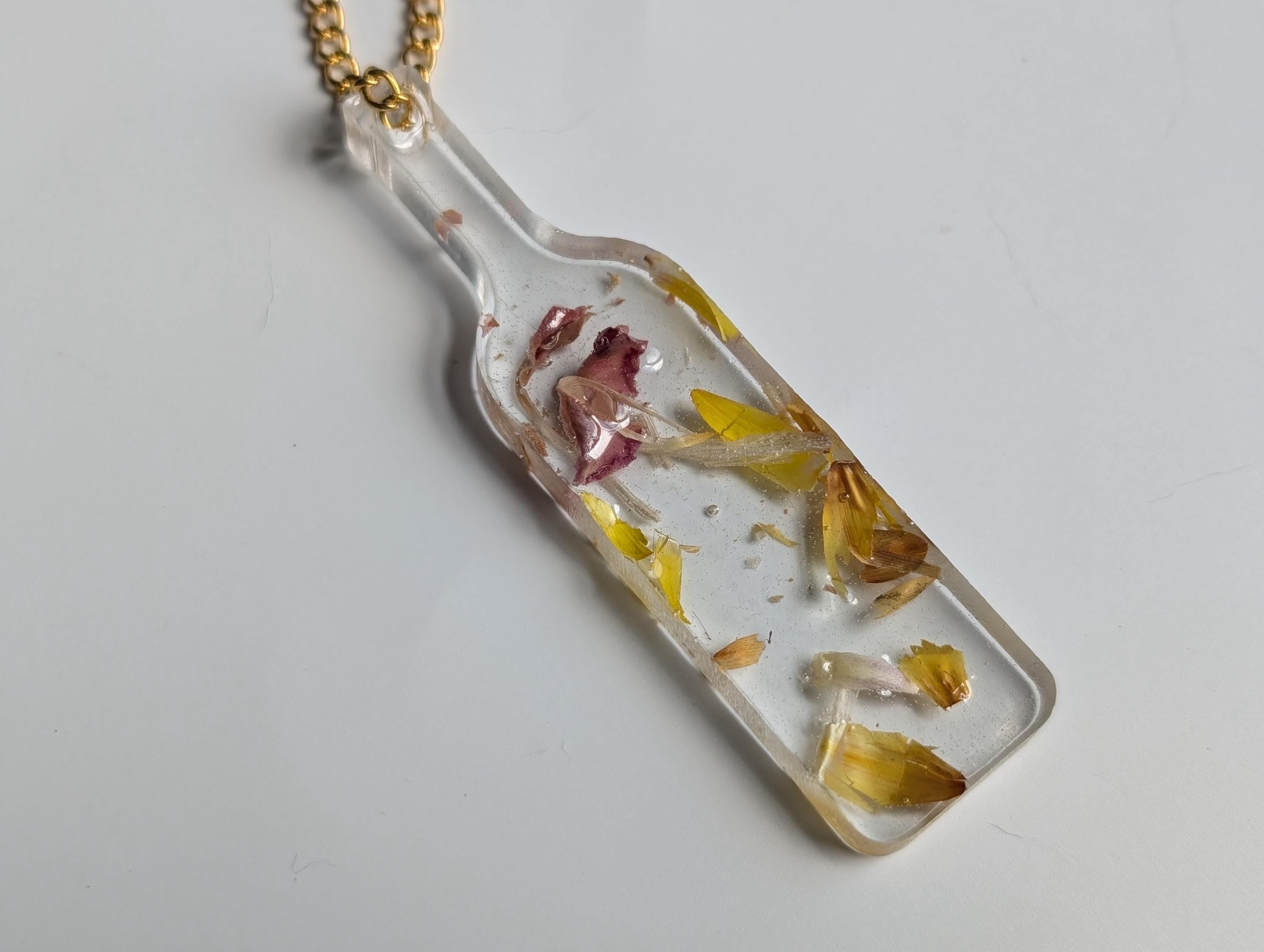 Floral Bottle Necklace - Yellow Resin Jewelry