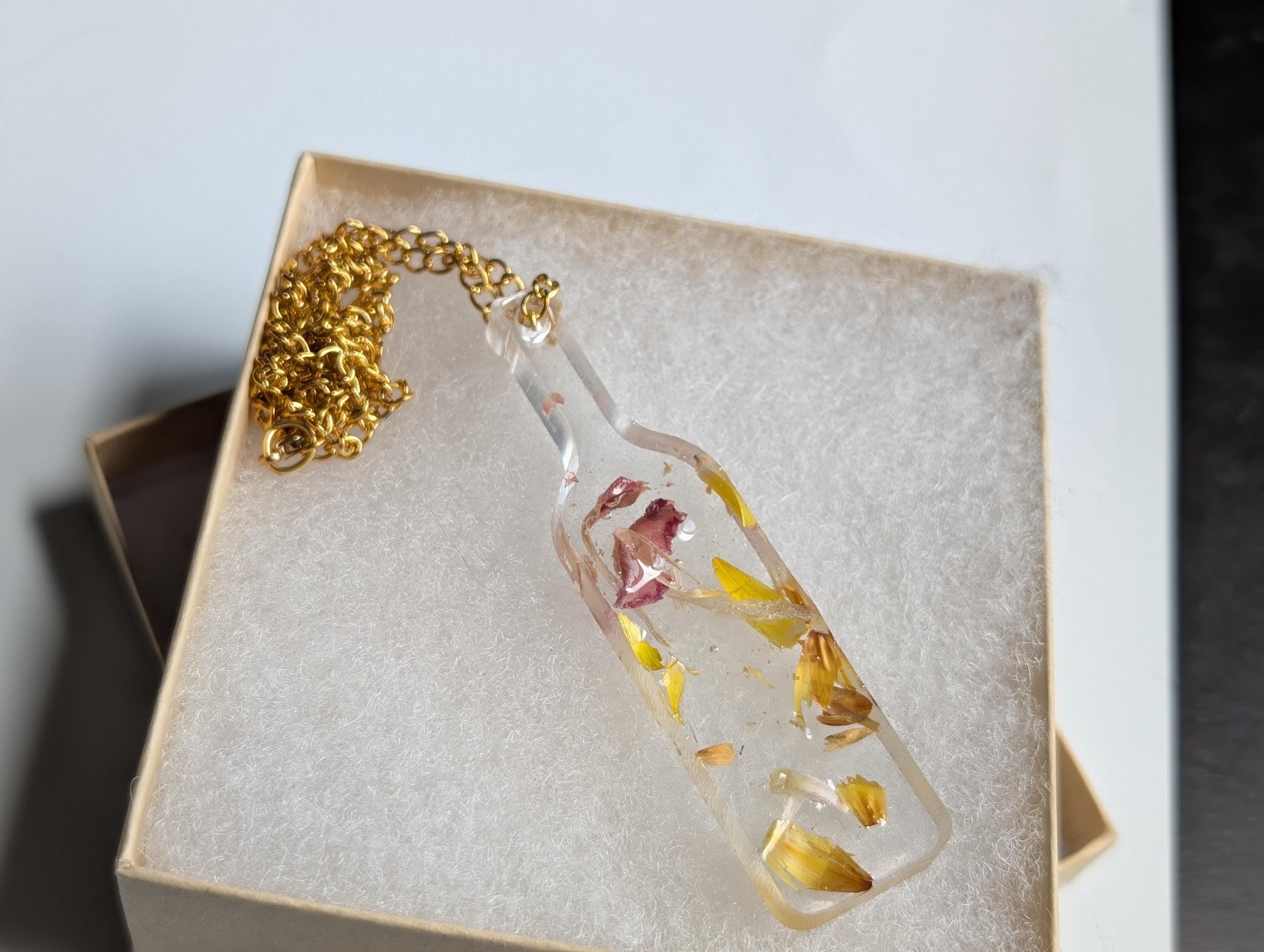 Floral Bottle Necklace - Yellow Resin Jewelry