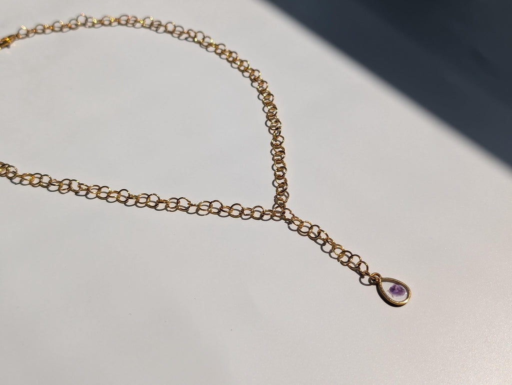 Lariat Choker - Amethyst Pendant - Short Necklace