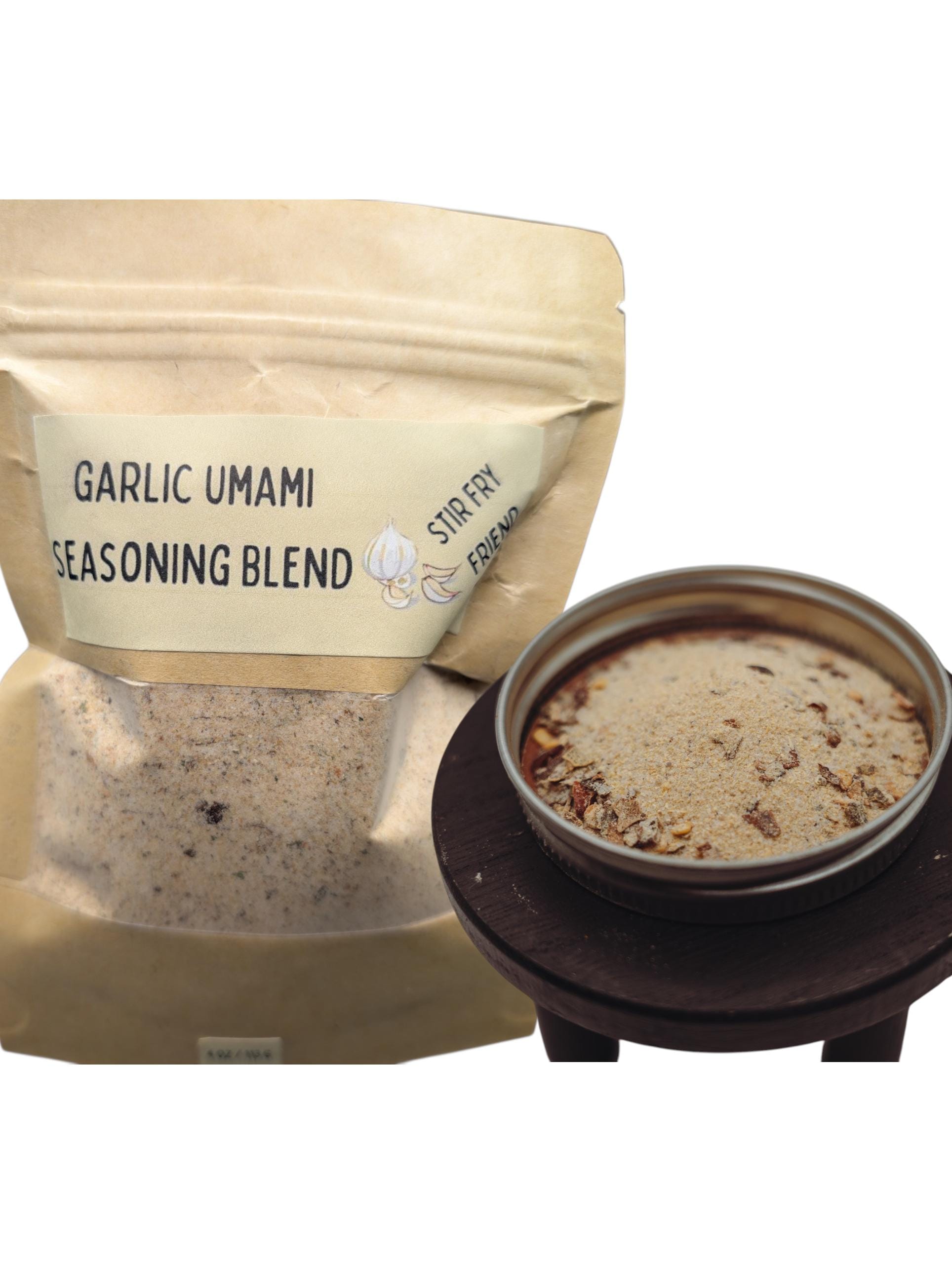May include: A brown paper bag of Garlic Umami Seasoning Blend with a label and a small metal container filled with the seasoning. The label also says "Stir Fry Friend". The seasoning is on a small wooden stand. __etsy:8392866333